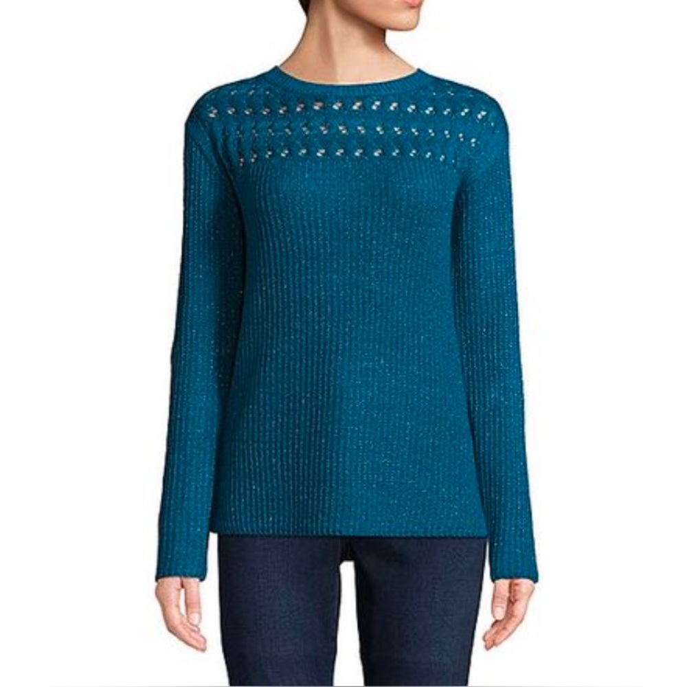 WOMEN'S ST. JOHNS BAY  TEAL SWEATER WITH GLITTER THREAD SZ MEDIUM STRETCH KNIT